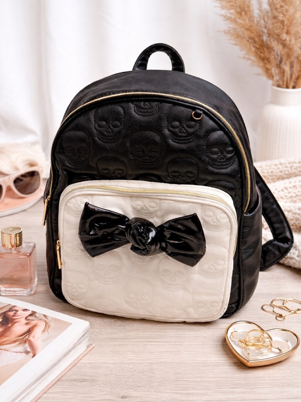 Betsey Johnson Skull Mini Backpack Black Cream Bow Gothic Chic Bag